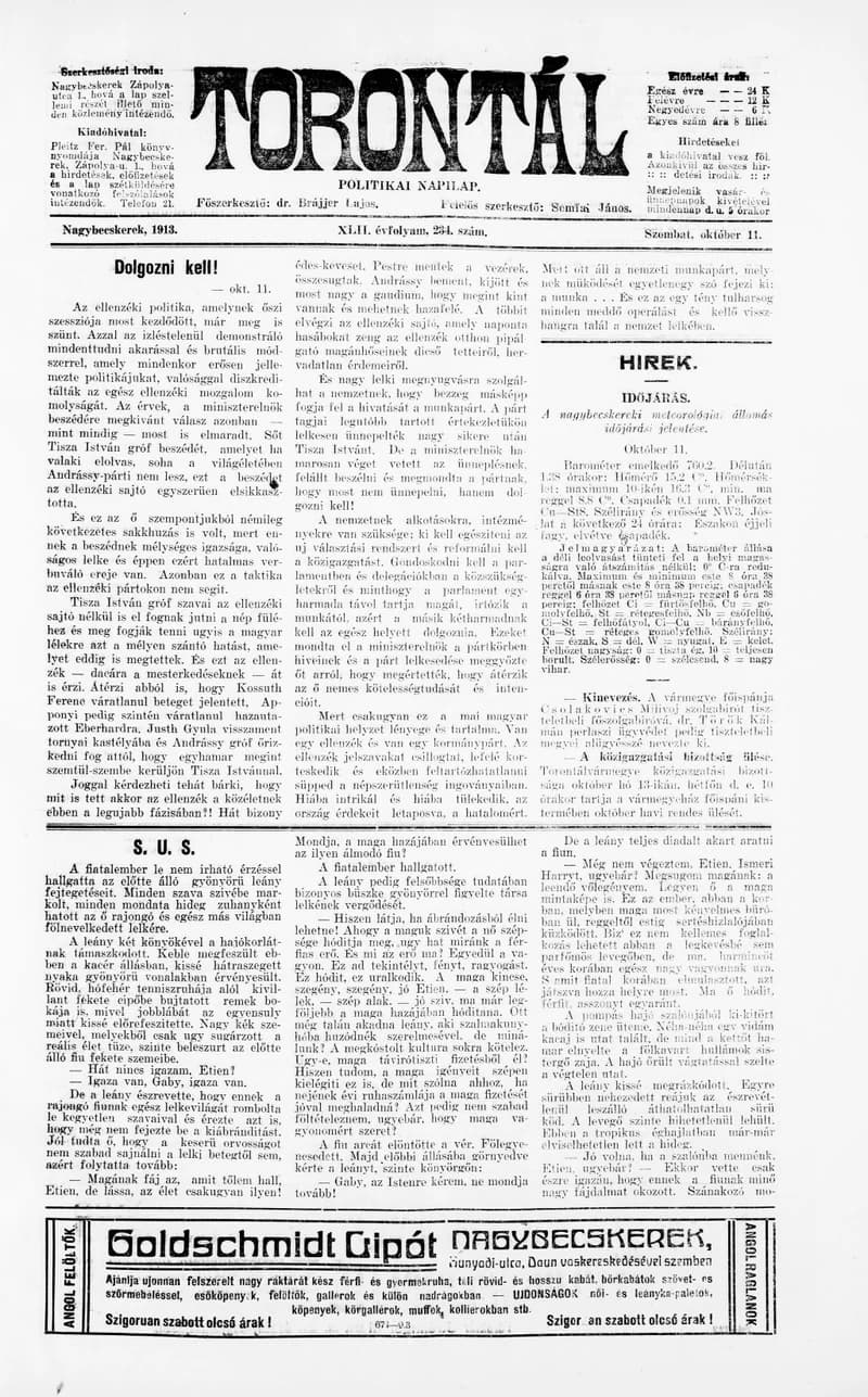 Torontál, 42. évf. 1913. október 11. 234. sz.