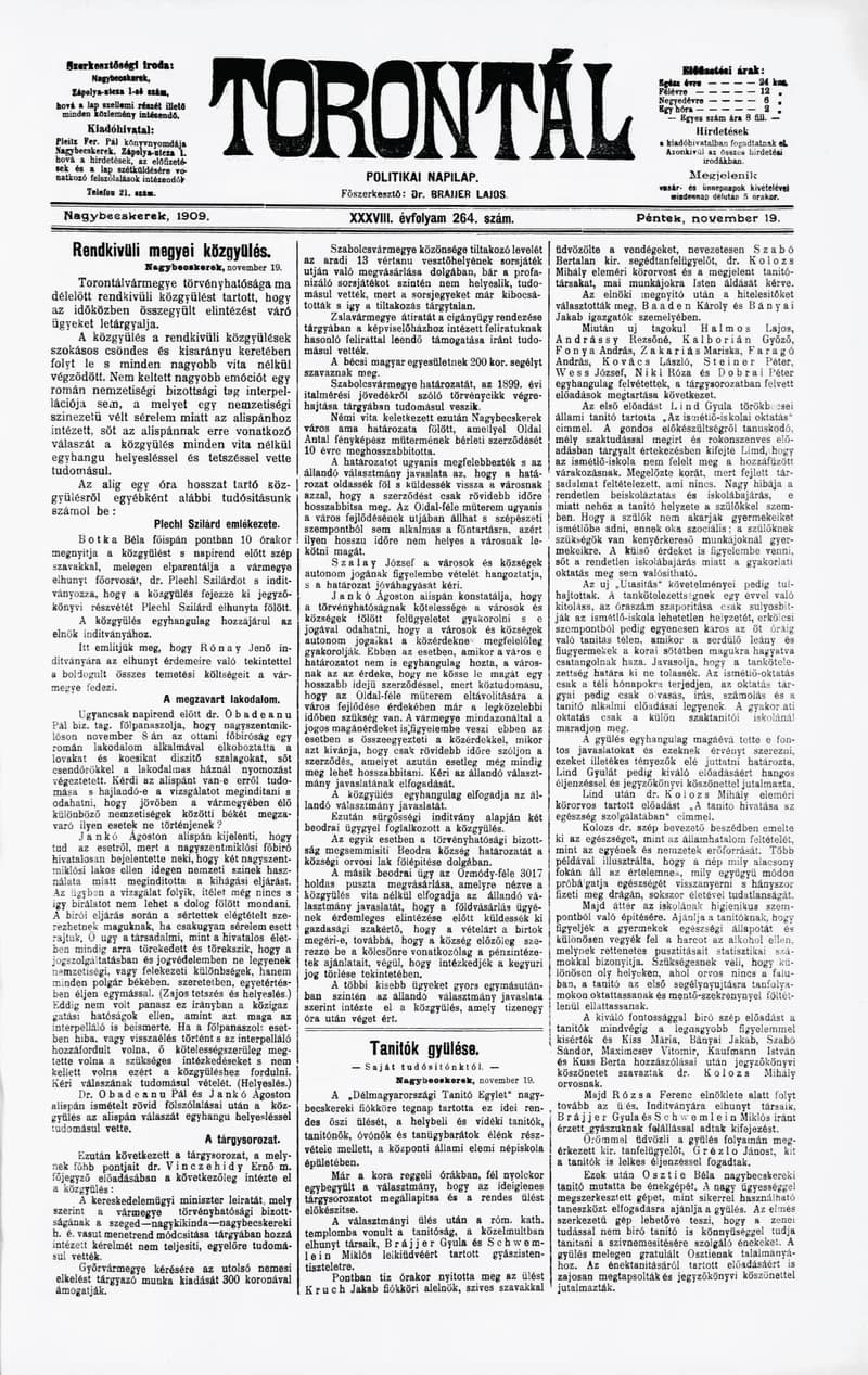 Torontál, 38. évf. 1909. november 19. 264. sz.