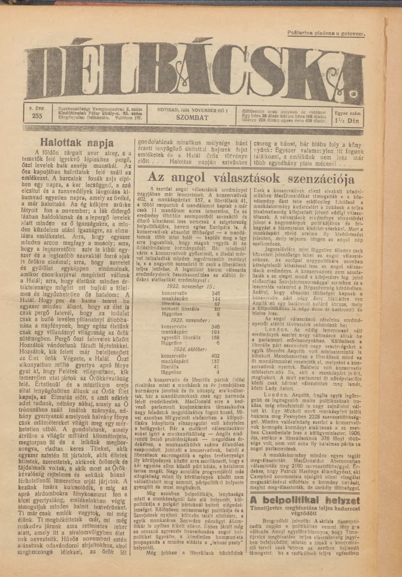 Délbácska, 5. évf. 1924. november 1. 255. sz.