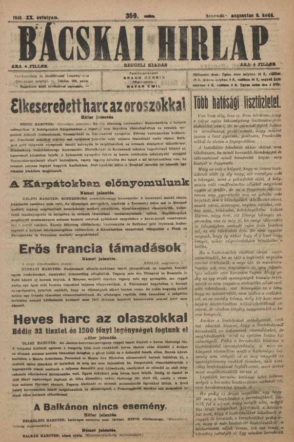 Bácskai Hirlap, 20. évf. 1916. augusztus 8. 359. sz.