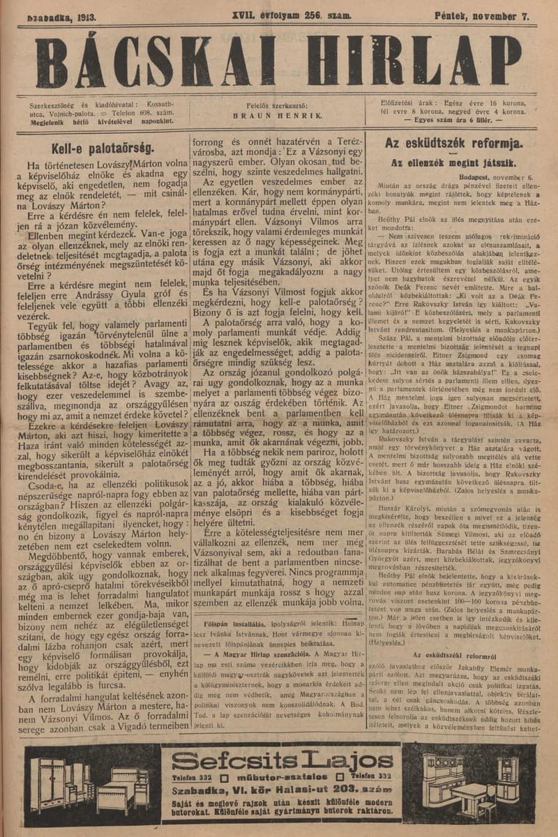 Bácskai Hirlap, 17. évf. 1913. november 7. 256. sz.