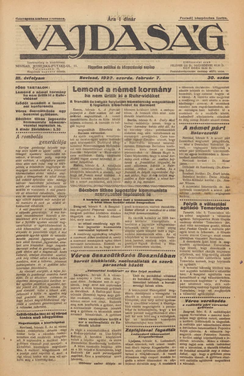 Vajdaság, 3. évf. 1923. február 7. 30. sz.
