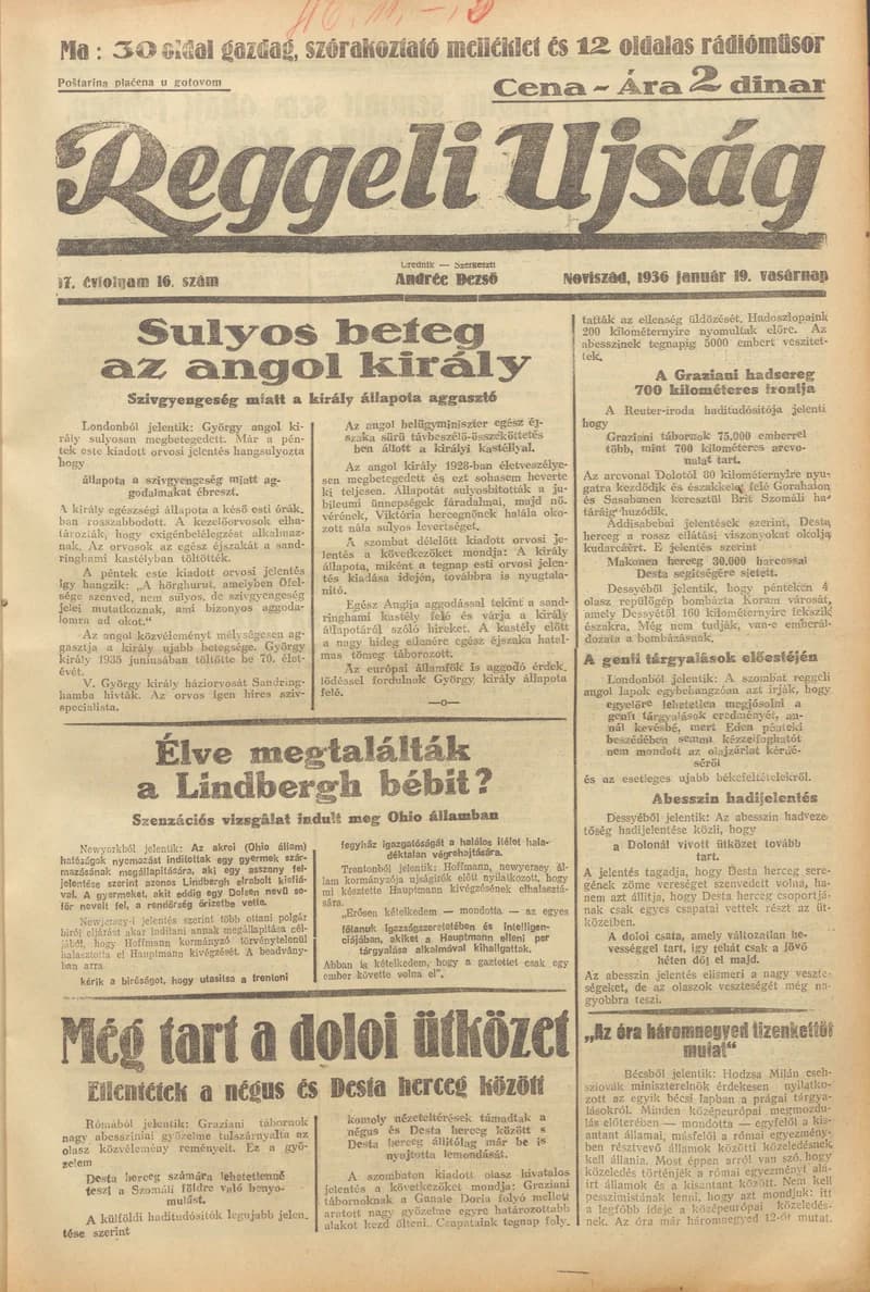 Reggeli Újság, 17. évf. 1936. január 19. 16. sz.