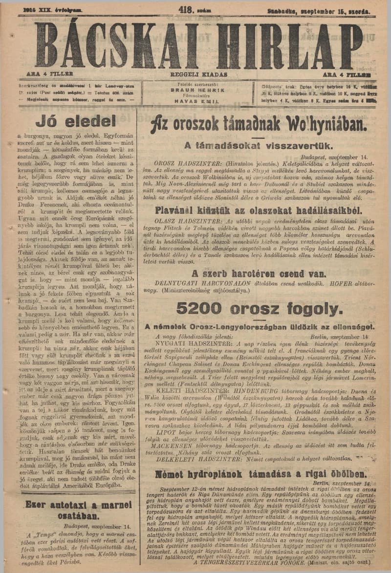Bácskai Hirlap, 19. évf. 1915. szeptember 15. 418. sz.