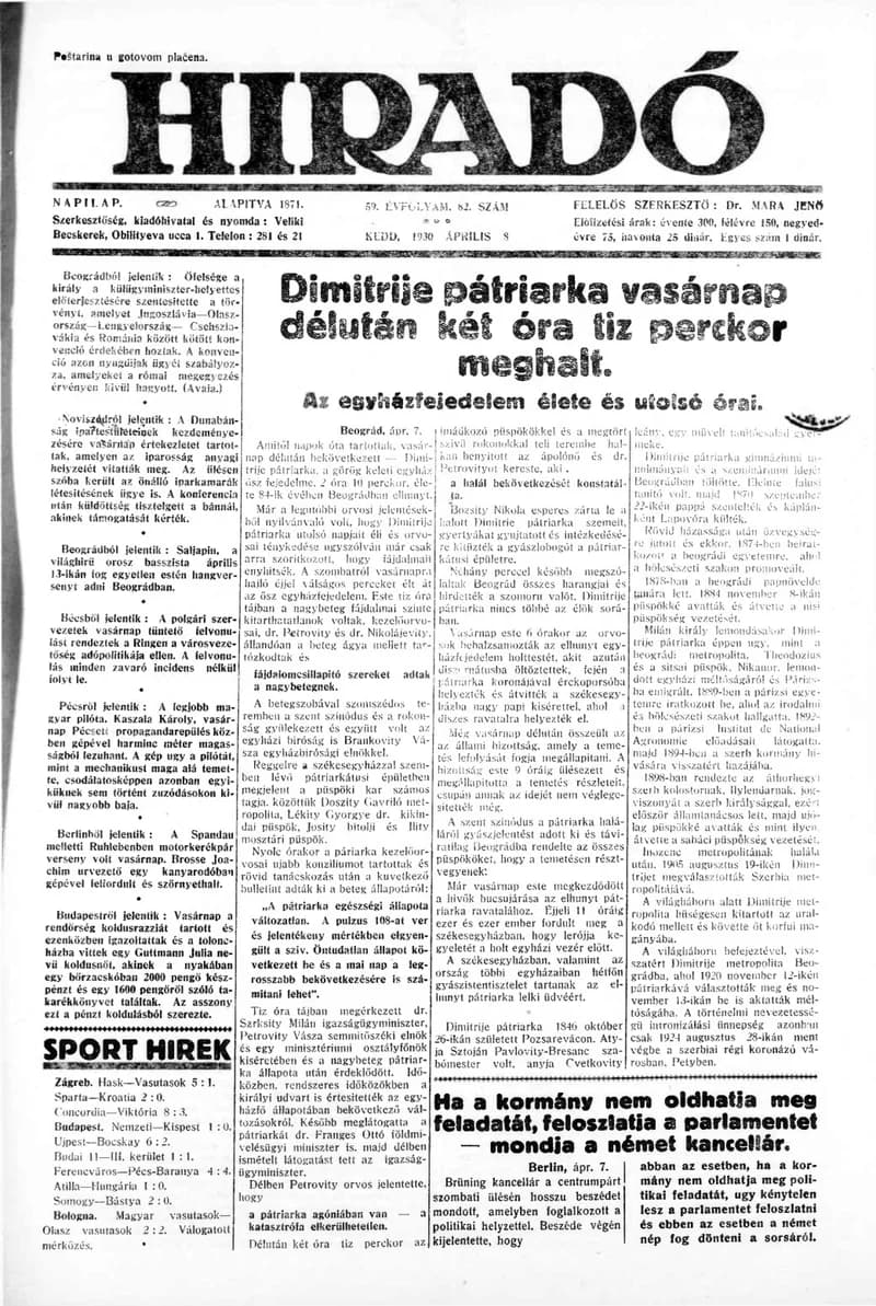 Híradó, 59. évf. 1930. április 8. 82. sz.