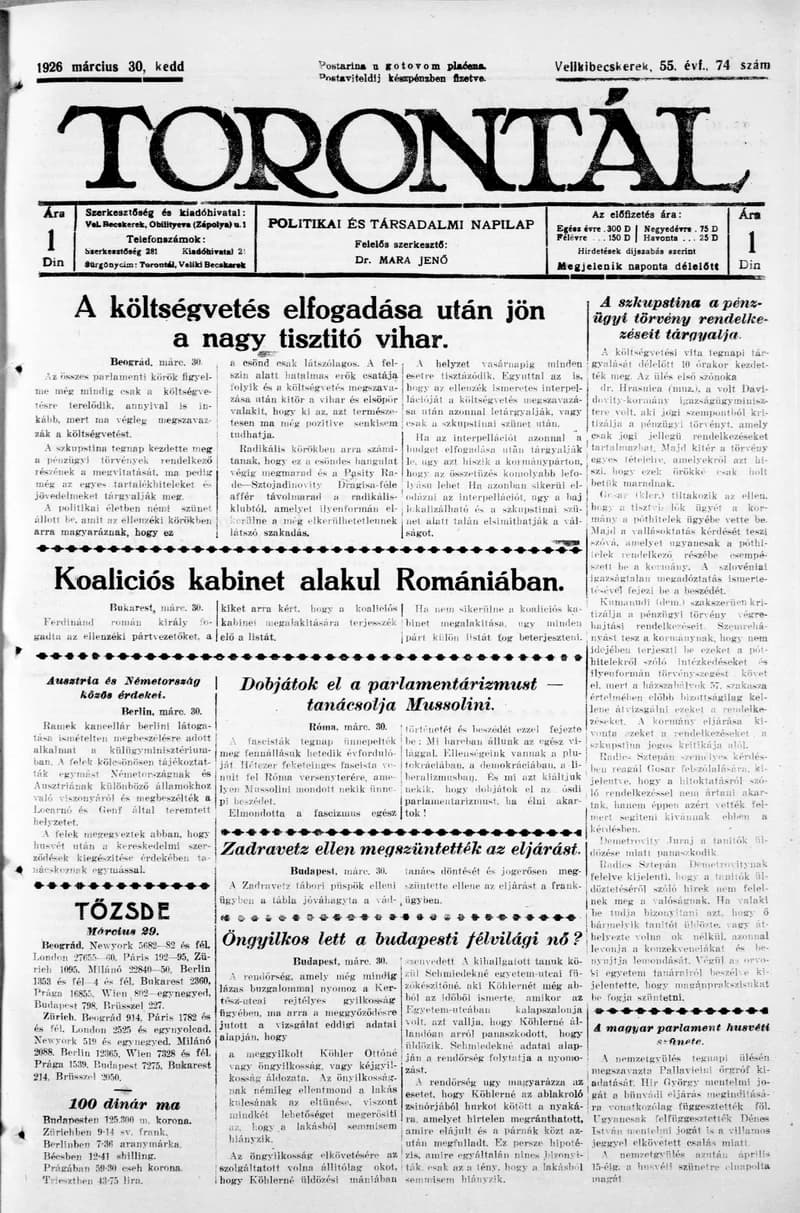 Torontál, 55. évf. 1926. március 30. 74. sz.