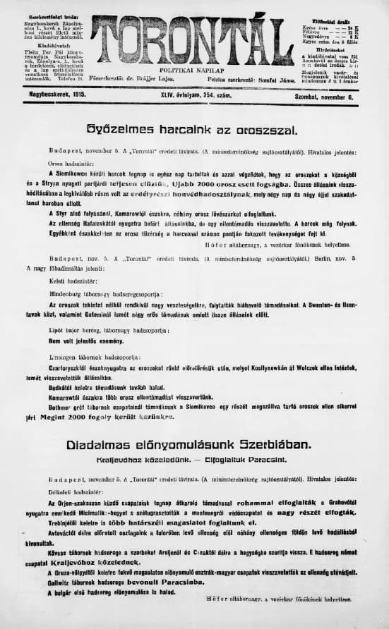 Torontál, 44. évf. 1915. november 6. 254. sz.