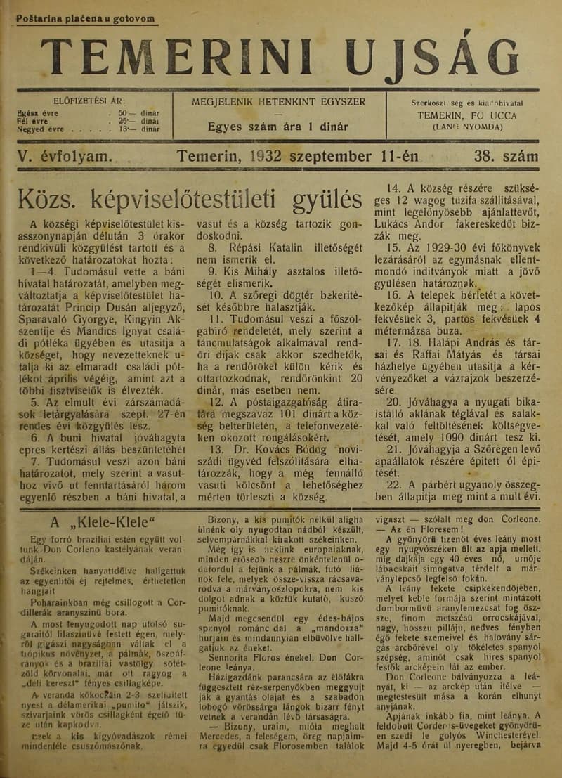 Temerini Újság 1928-1944, 5. évf. 1932. szeptember 11. 38. sz.
