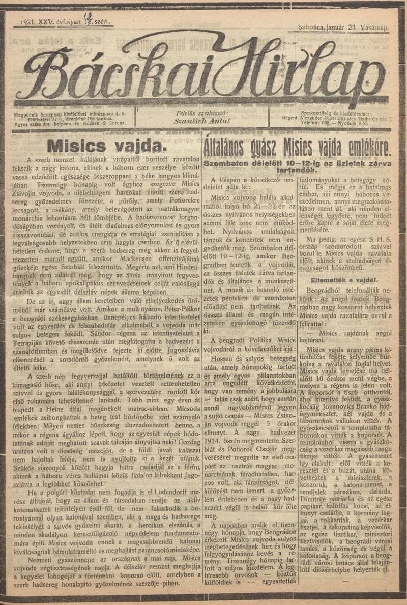 Bácskai Hirlap, 25. évf. 1921. január 23. 19. sz.