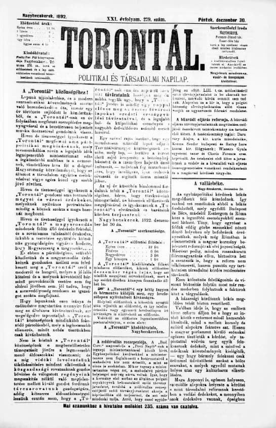 Torontál, 21. évf. 1892. december 30. 279. sz.