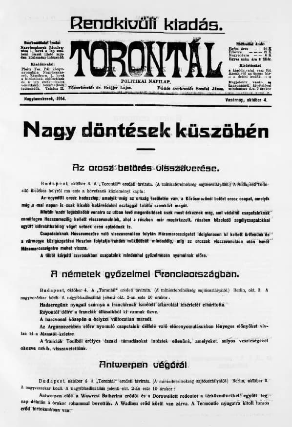 Torontál, 43. évf. 1914. október 4. 224. sz.