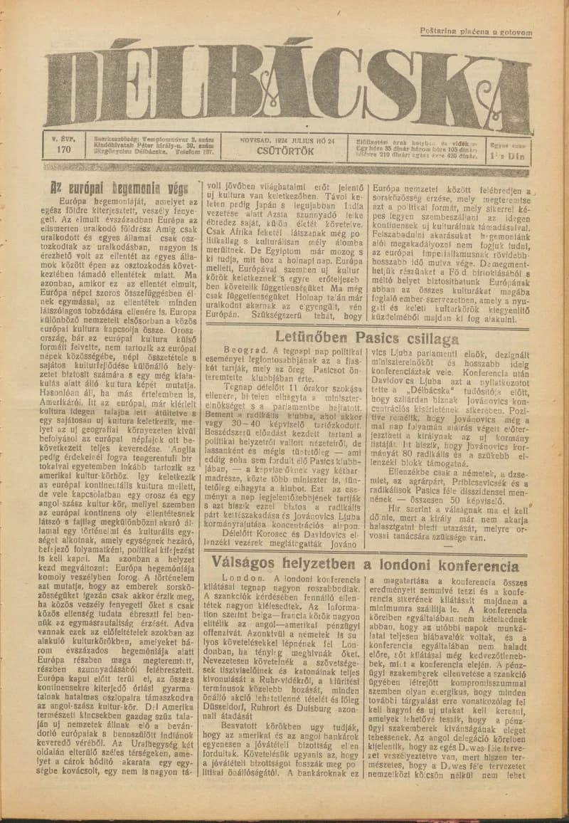 Délbácska, 5. évf. 1924. július 24. 170. sz.