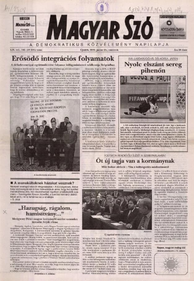 Magyar Szó, 59. évf. 2002. június 20. 142. sz. 1–16. oldal