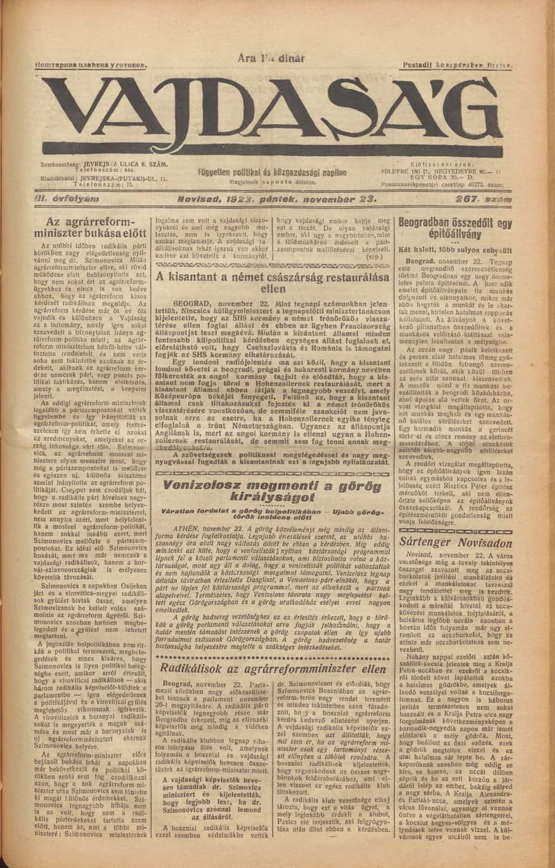 Vajdaság, 3. évf. 1923. november 23. 267. sz.