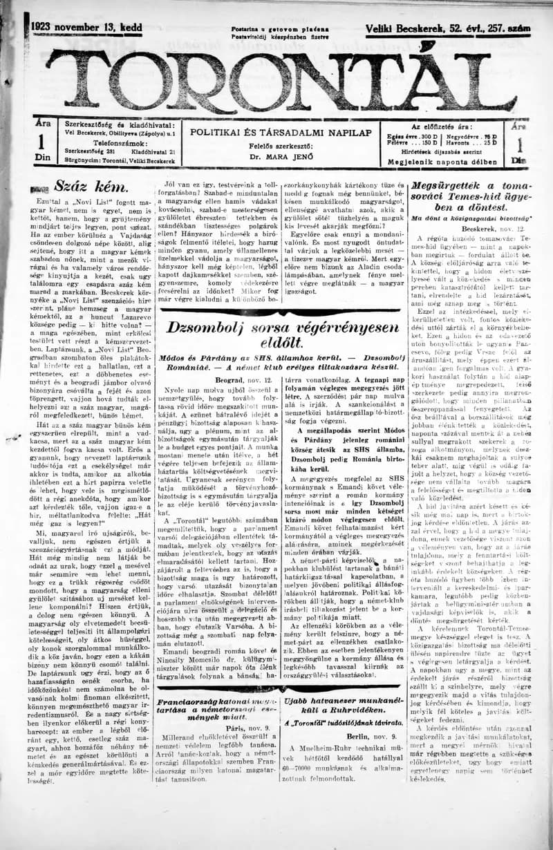 Torontál, 52. évf. 1923. november 13. 257. sz.