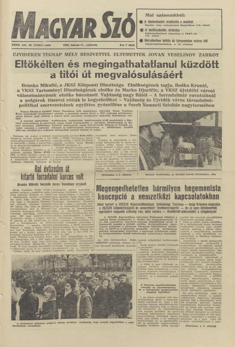 Magyar Szó, 39. évf. 1982. február 11. 40. sz. 1–24. oldal