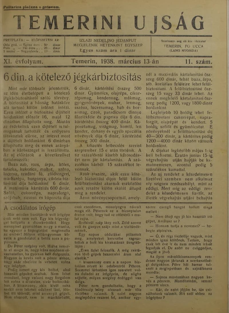 Temerini Újság 1928-1944, 11. évf. 1938. március 13. 11. sz.