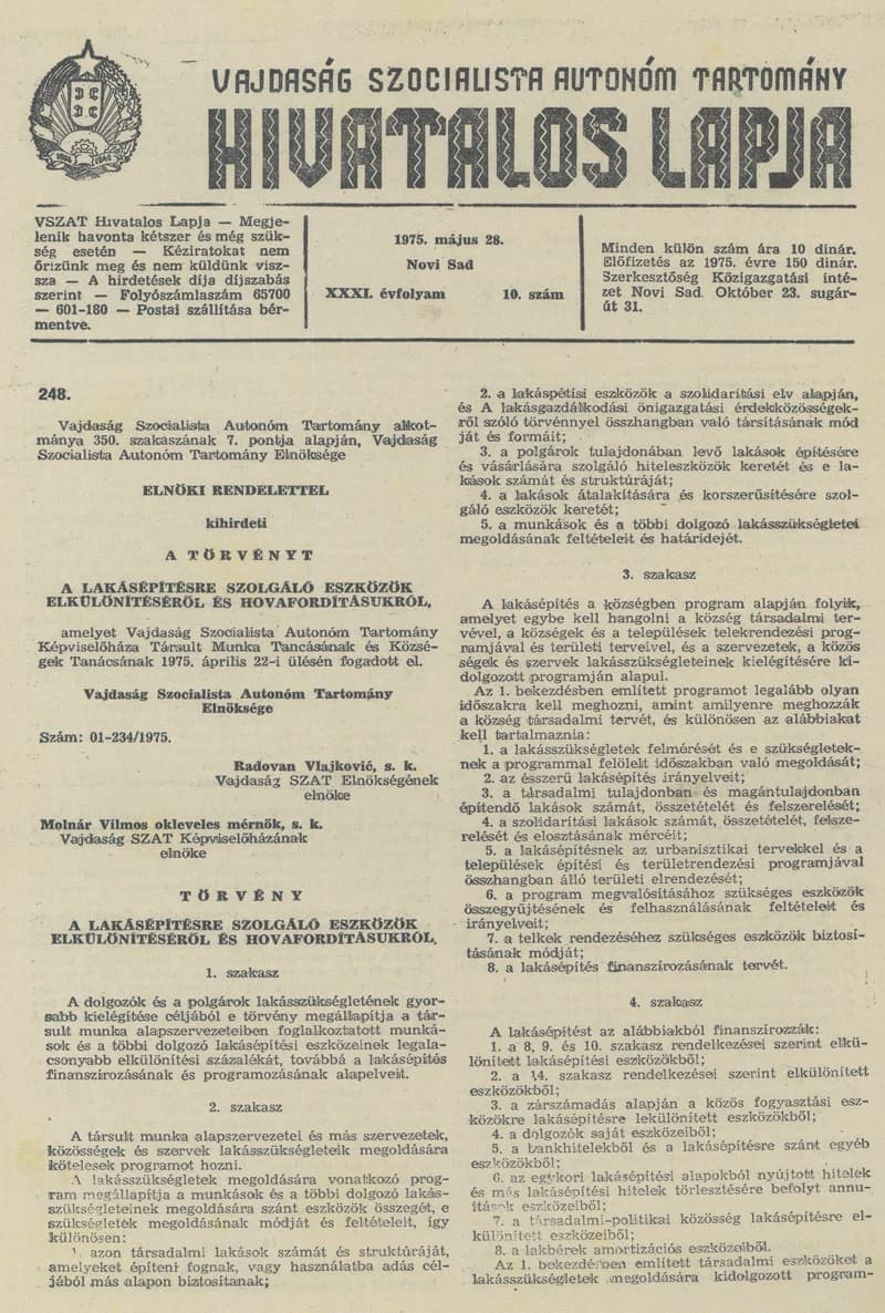Vajdaság Szocialista Autonóm Tartomány Hivatalos Lapja, 31. évf. 1975. május 28. 10. sz. 421–436. oldal