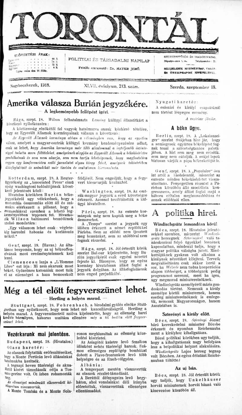 Torontál, 47. évf. 1918. szeptember 18. 213. sz.
