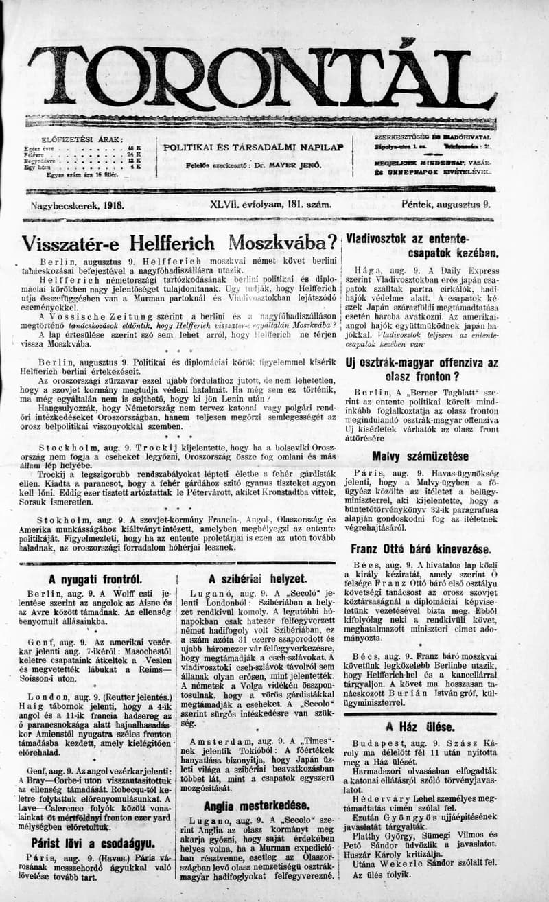 Torontál, 47. évf. 1918. augusztus 9. 181. sz.
