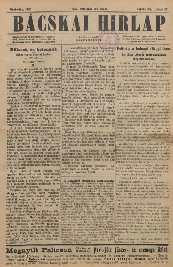 Bácskai Hirlap, 16. évf. 1912. június 27. 144. sz.