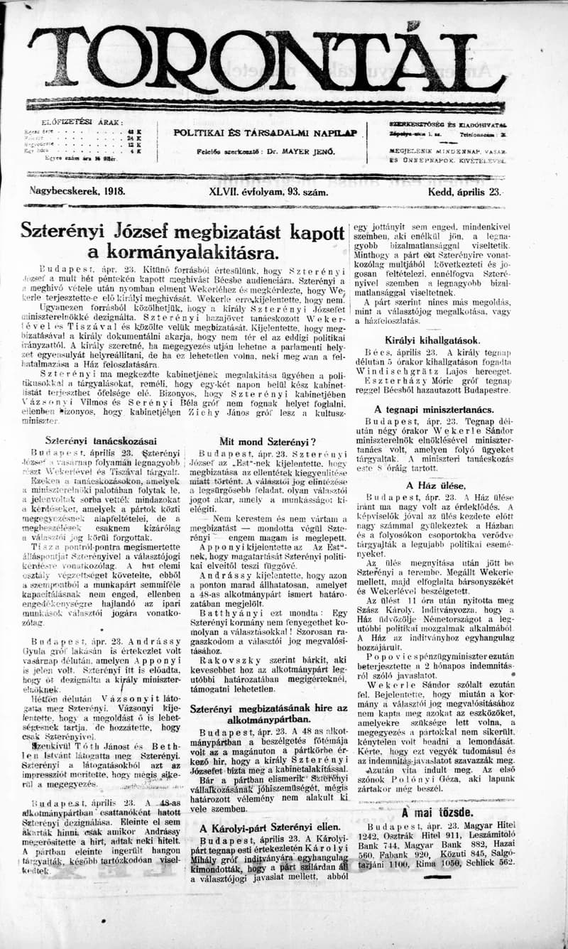 Torontál, 47. évf. 1918. április 23. 93. sz.
