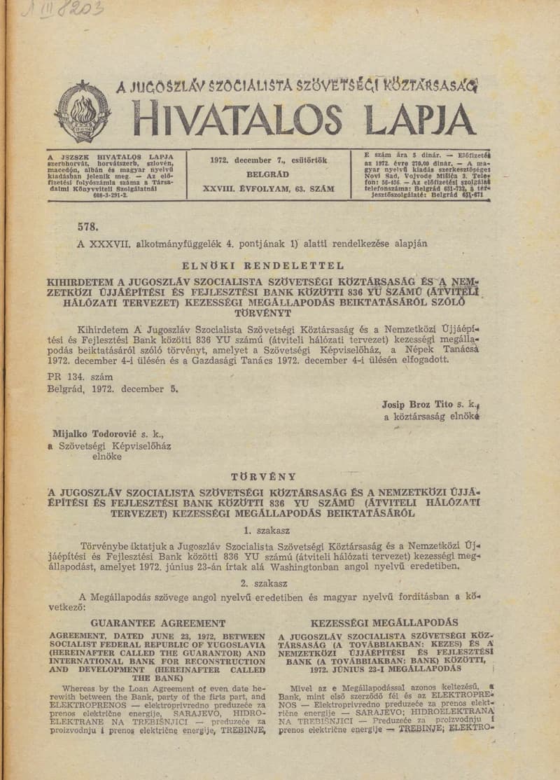 A Jugoszláv Szocialista Szövetségi Köztársaság Hivatalos Lapja, 28. évf. 1972. december 7. 63. sz. 1153–1192. oldal