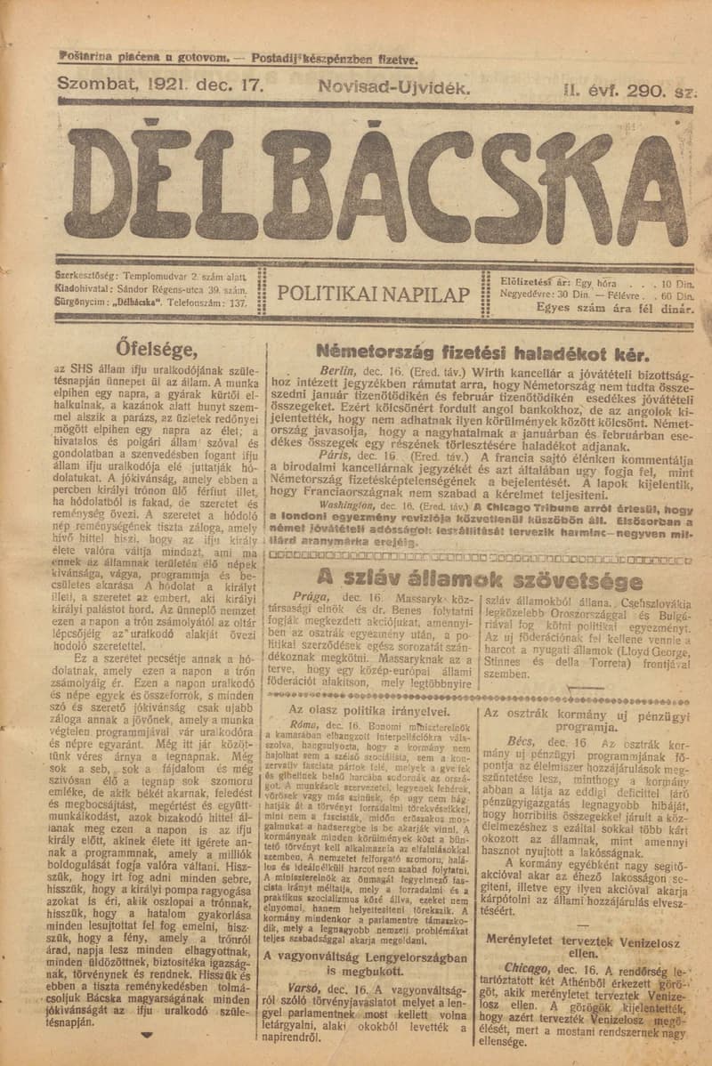Délbácska, 2. évf. 1921. december 17. 290. sz.
