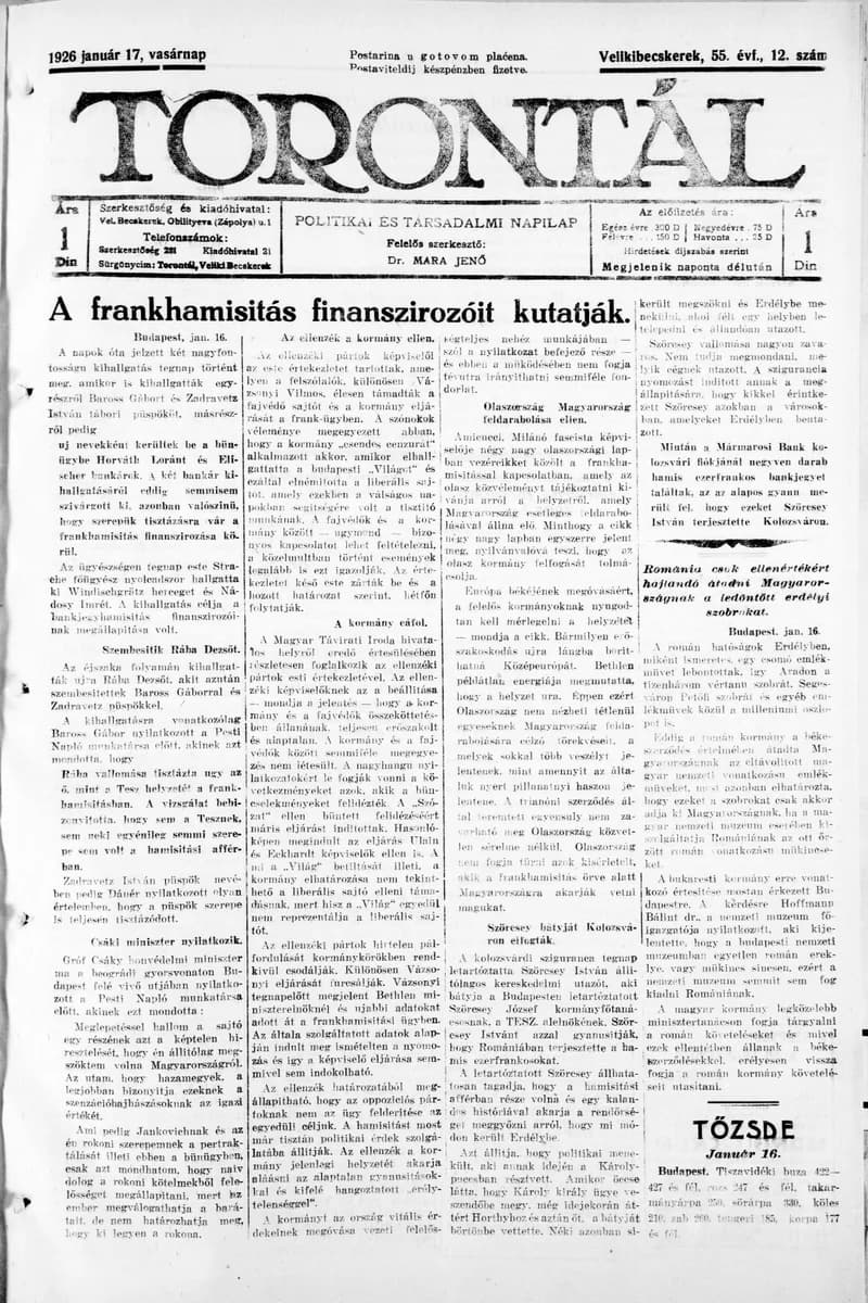 Torontál, 55. évf. 1926. január 17. 12. sz.