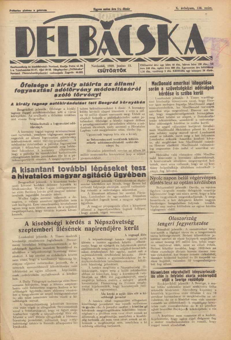 Délbácska, 10. évf. 1929. június 13. 136. sz.