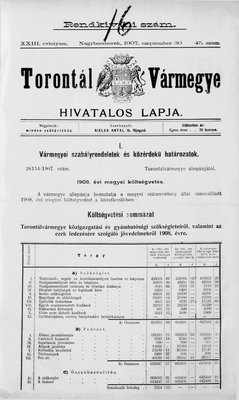 Torontál Vármegye Hivatalos Lapja, 23. évf. 1907. szeptember 30. 45. sz.