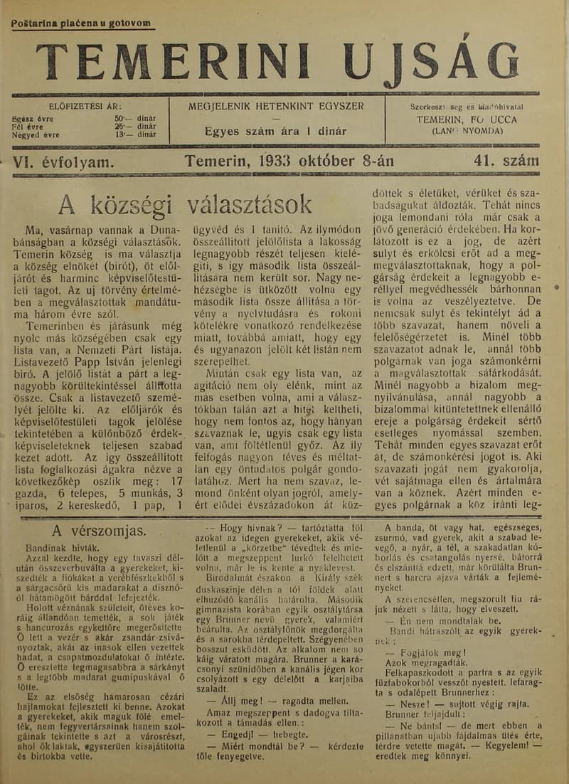 Temerini Újság 1928-1944, 6. évf. 1933. október 8. 41. sz.