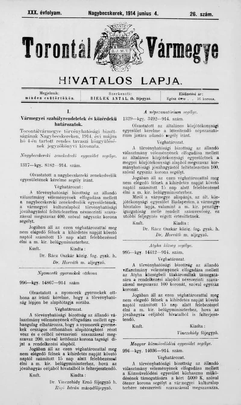 Torontál Vármegye Hivatalos Lapja, 30. évf. 1914. június 4. 26. sz.