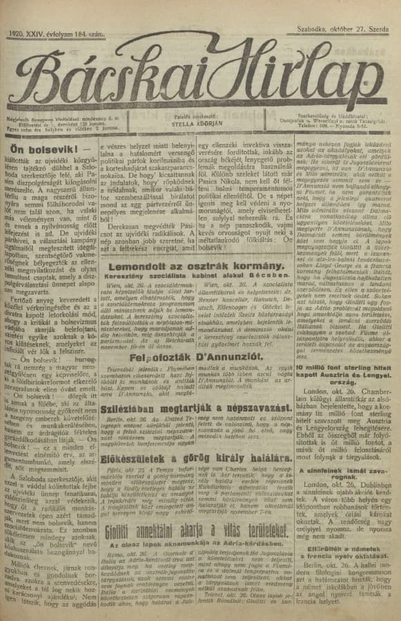 Bácskai Hirlap, 24. évf. 1920. október 27. 184. sz.