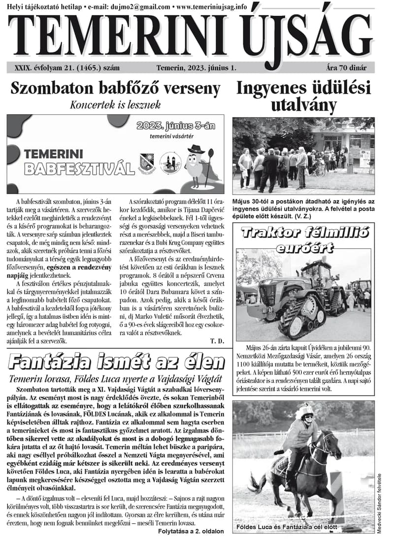Temerini Újság, 29. évf. 2023. június 1. 21. sz.
