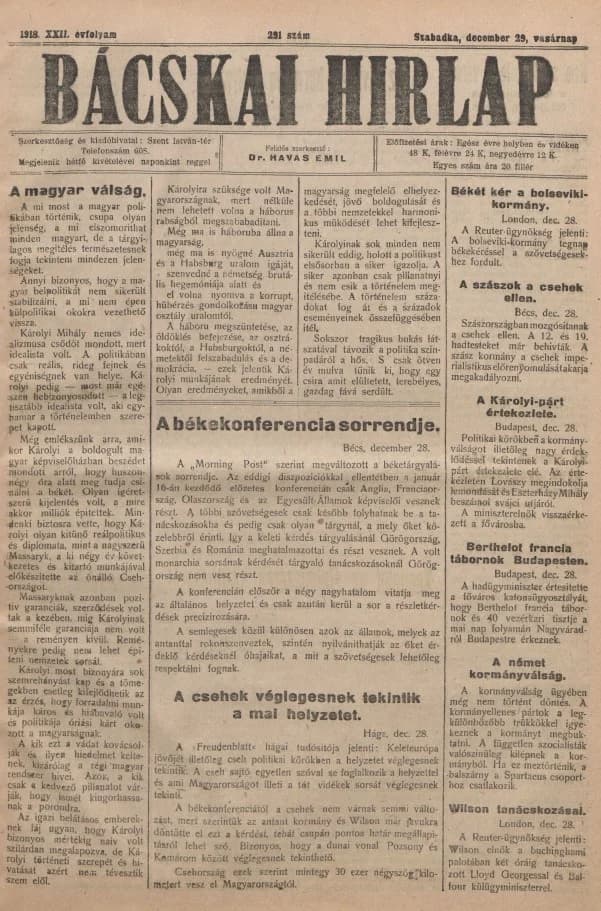Bácskai Hirlap, 22. évf. 1918. december 29. 291. sz.