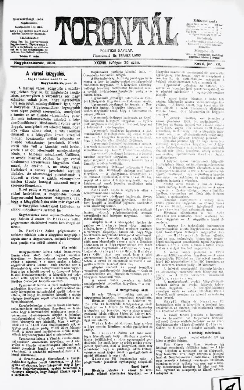 Torontál, 38. évf. 1909. január 26. 20. sz.