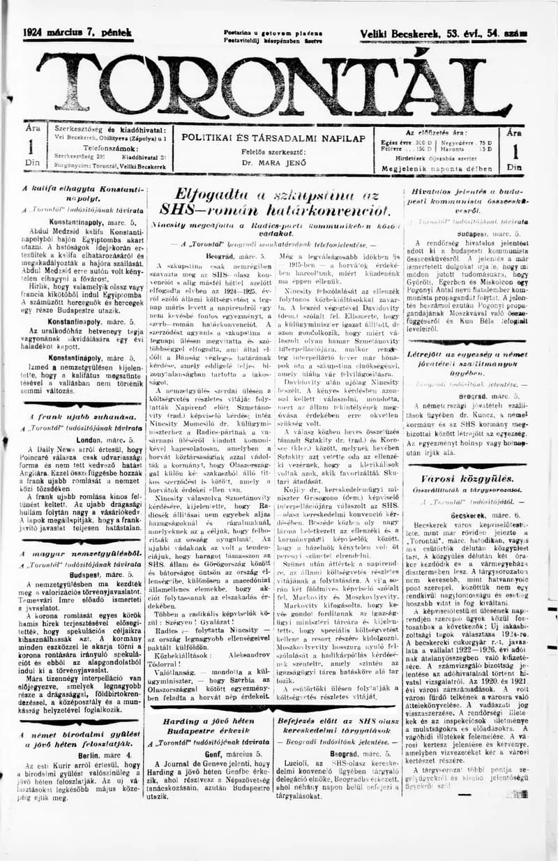 Torontál, 53. évf. 1924. március 7. 54. sz.