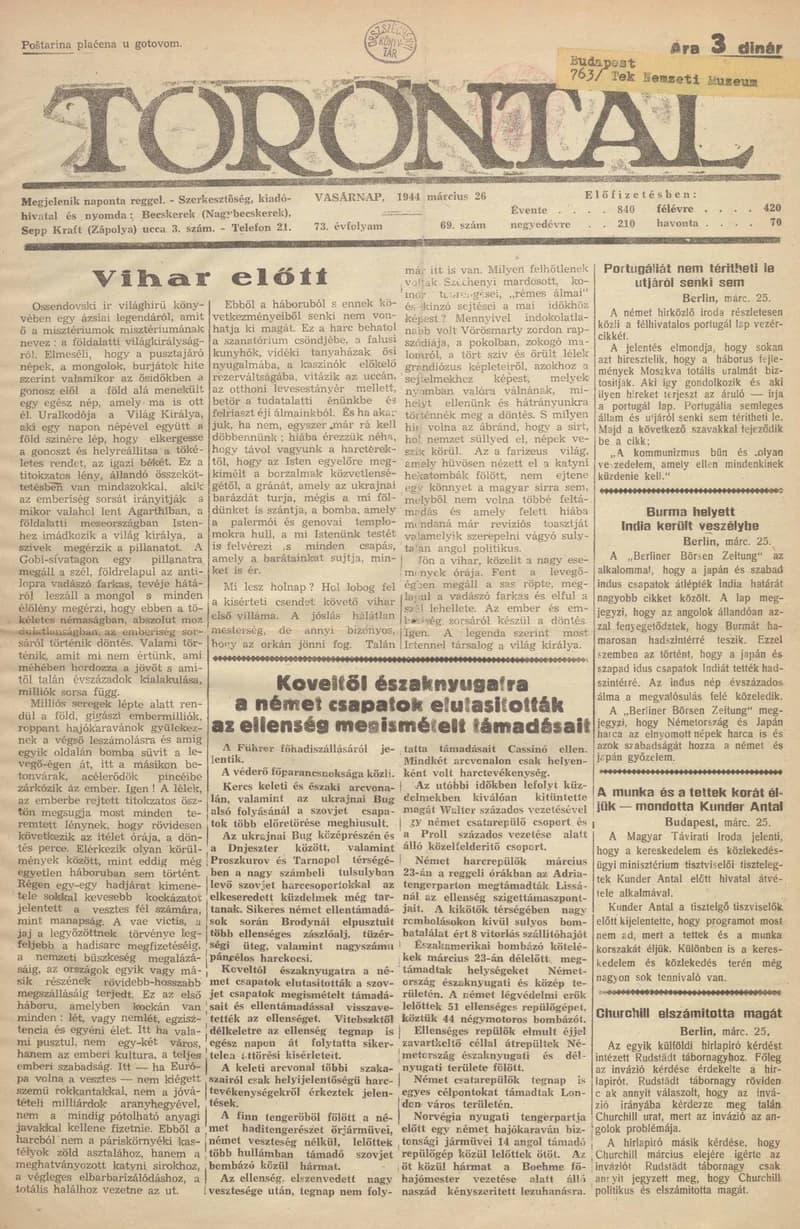 Torontál, 73. évf. 1944. március 26. 69. sz.