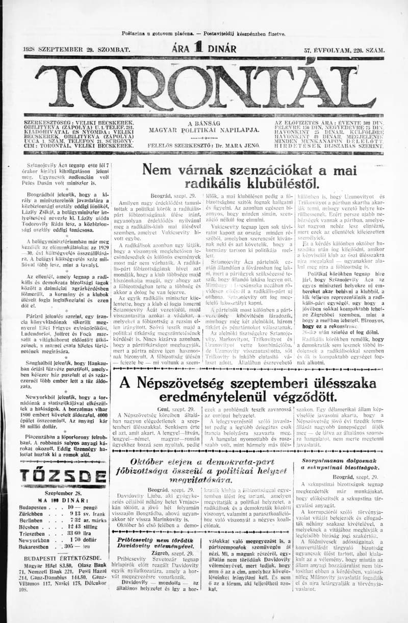 Torontál, 57. évf. 1928. szeptember 29. 226. sz.