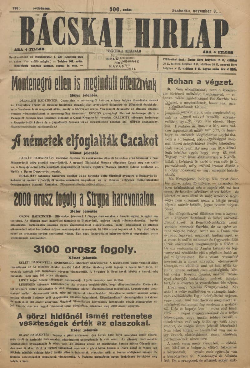 Bácskai Hirlap, 19. évf. 1915. november 3. 500. sz.
