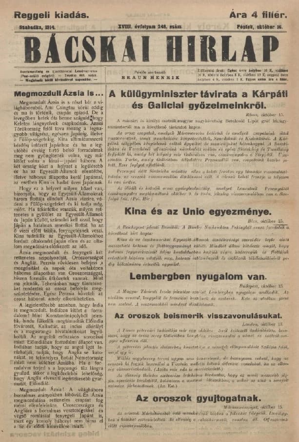 Bácskai Hirlap, 18. évf. 1914. október 16. 248. sz.