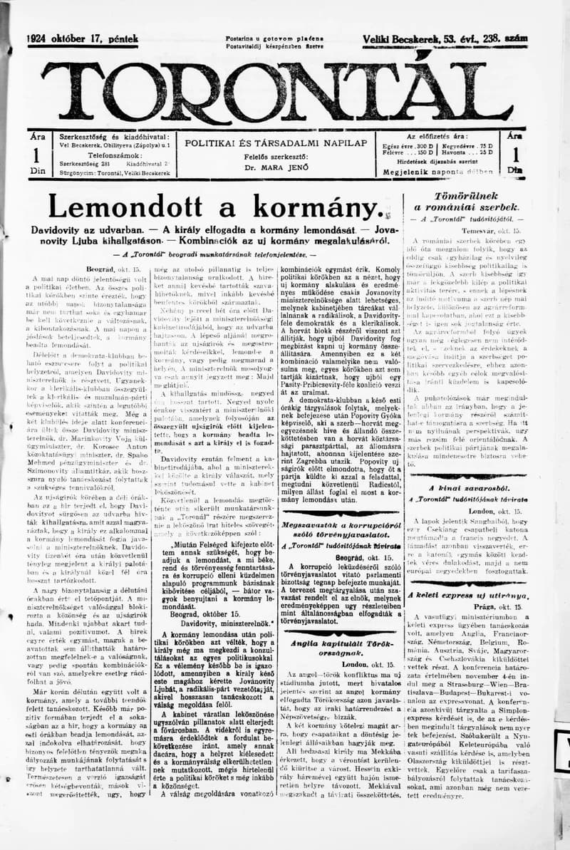 Torontál, 53. évf. 1924. október 17. 238. sz.