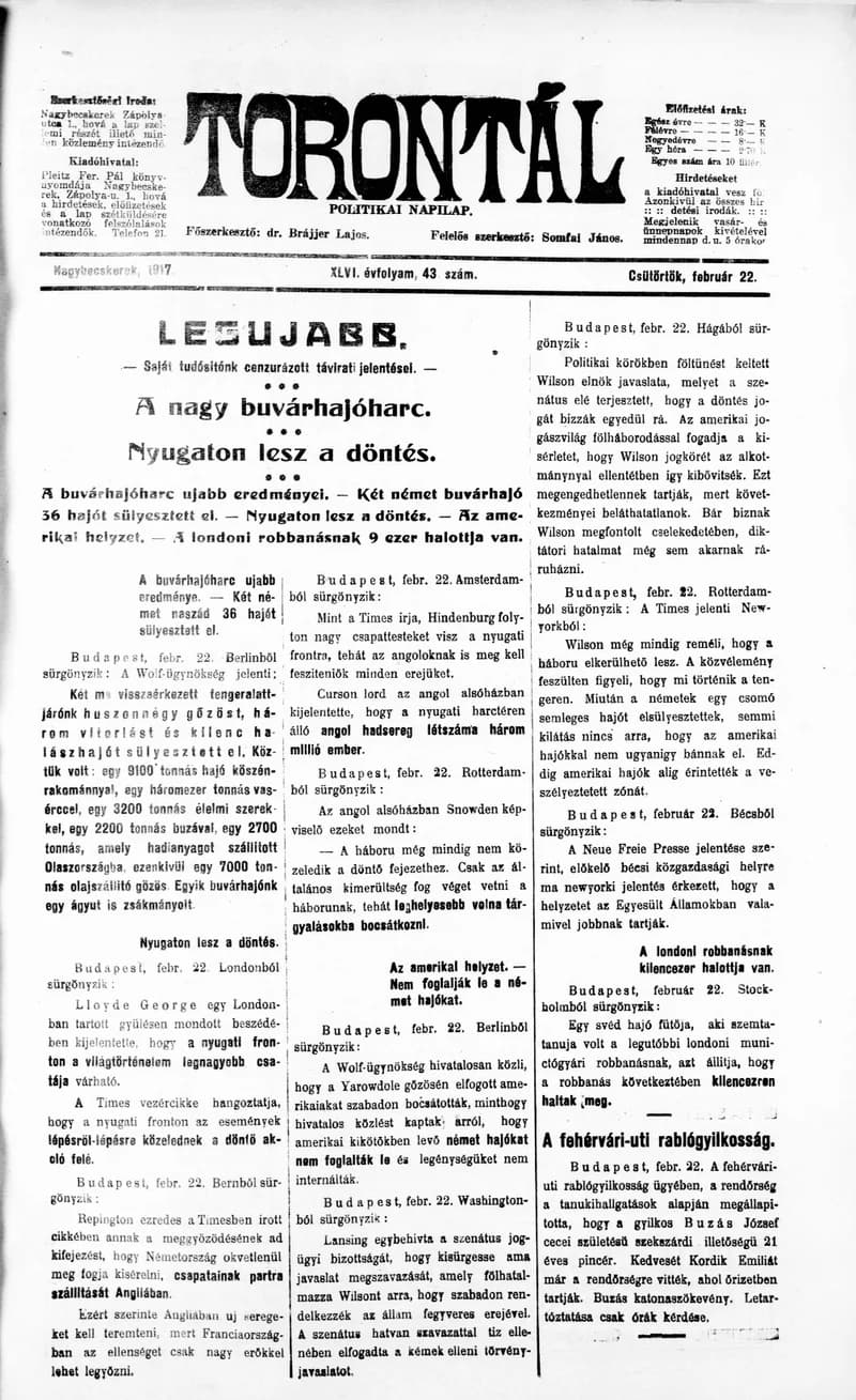 Torontál, 46. évf. 1917. február 22. 43. sz.