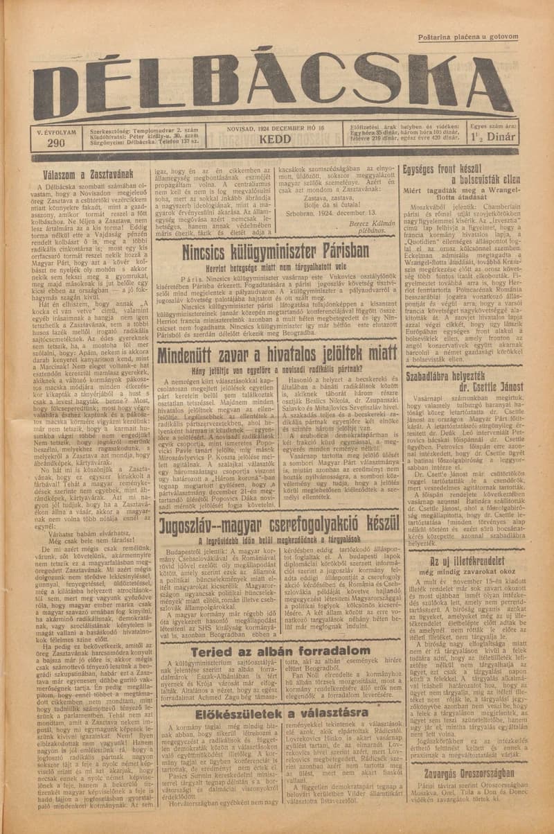 Délbácska, 5. évf. 1924. december 16. 290. sz.