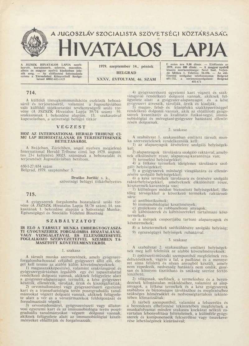 A Jugoszláv Szocialista Szövetségi Köztársaság Hivatalos Lapja, 35. évf. 1979. szeptember 14. 46. sz. 1461–1484. oldal