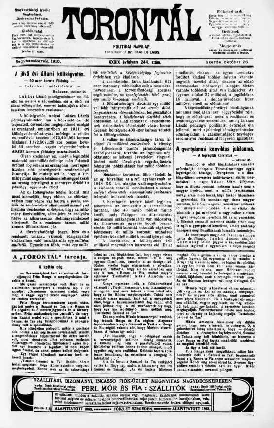 Torontál, 39. évf. 1910. október 26. 244. sz.