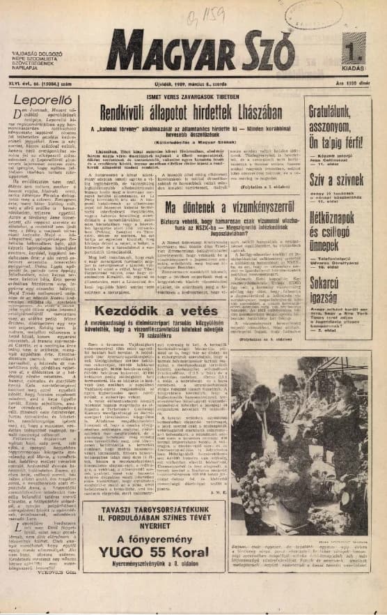 Magyar Szó, 46. évf. 1989. március 8. 64. sz. 1–20. oldal