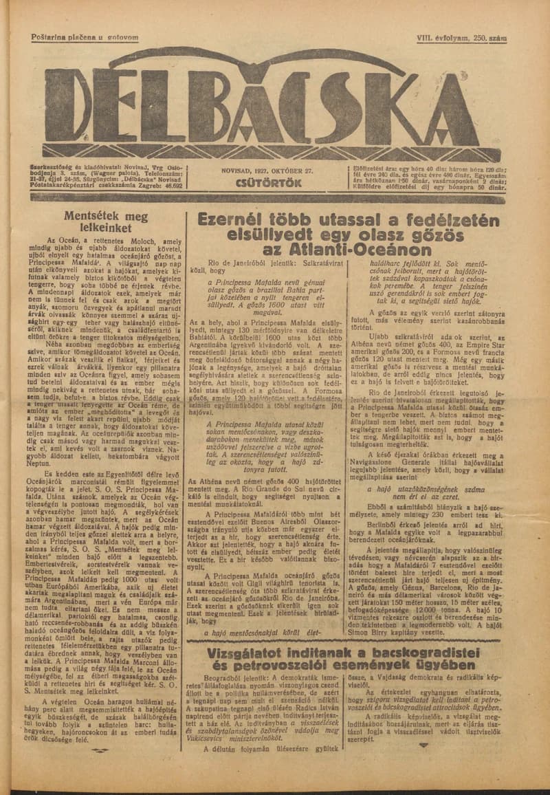 Délbácska, 8. évf. 1927. október 27. 250. sz.