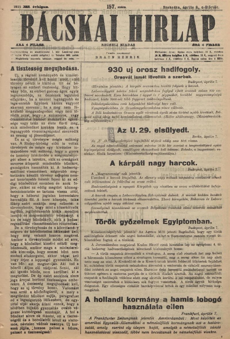 Bácskai Hirlap, 19. évf. 1915. április 8. 157. sz.